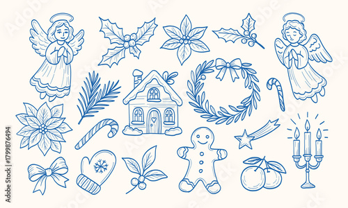 A blue and white drawing of a Christmas scene with a house, wreath, and angel. The drawing is filled with various symbols and decorations, including a gingerbread man, a candle, and a potted plant