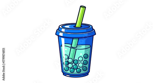 Blue Bubble Tea with Green Straw Illustration.