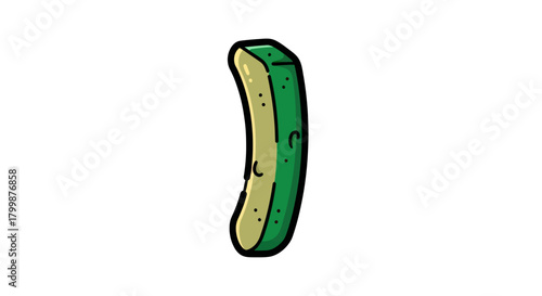 A cartoon pickle with a curved shape and green and yellow colors.