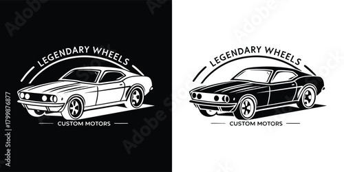 Vintage muscle car emblem with text legendary wheels and custom motors on black and white backgrounds