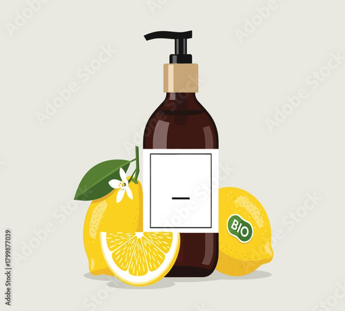 Illustration of a brown dispenser bottle with a blank label, surrounded by lemons, promoting organic and natural beauty products on a light background