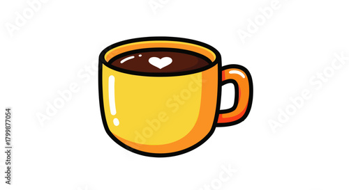 A delightful yellow mug filled with rich hot chocolate and a charming heart design.