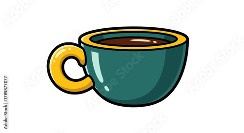 A delightful teal coffee cup with a yellow handle and delicious dark beverage.