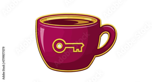 A Magenta Coffee Cup with a Golden Key Symbol.