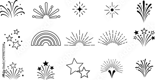Collection of hand drawn black and white fireworks and starburst illustrations for celebrations