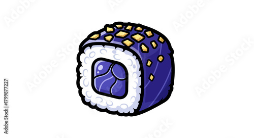 A single piece of sushi with purple filling and yellow toppings.