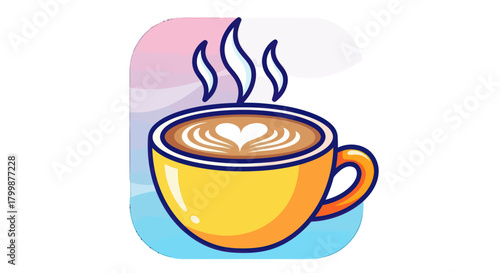 A steaming yellow cup of coffee with heart shaped latte art.