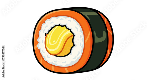 A single piece of Japanese maki sushi roll cartoon illustration.