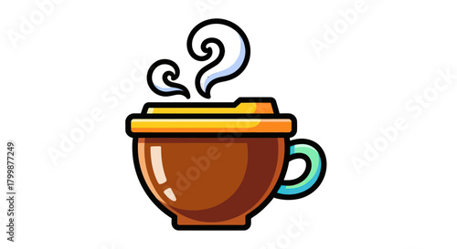 A steaming hot cup of coffee cartoon illustration.
