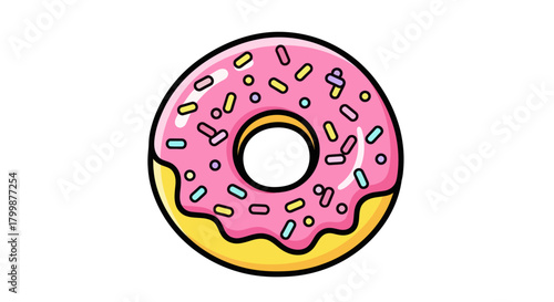 A sweet cartoon donut with pink frosting and colorful sprinkles.