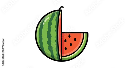 A vibrant and refreshing watermelon with a quarter slice removed, showcasing its juicy red flesh and black seeds.