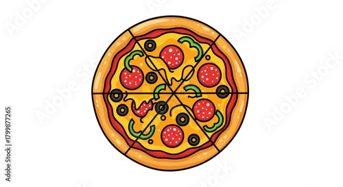 A vibrant and delicious illustrated pizza with multiple toppings.