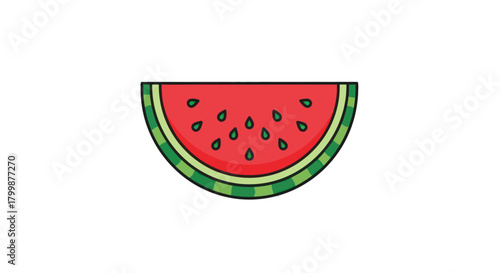 A vibrant cartoon illustration of a juicy watermelon slice.
