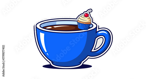 A whimsical blue coffee cup with a tiny cupcake floating inside.