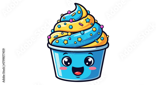 Adorable Cupcake with Smiling Face and Colorful Sprinkles, a Sweet Treat.