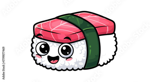 Adorable Cartoon Sushi with a Smiling Face and Fresh Tuna Topping.