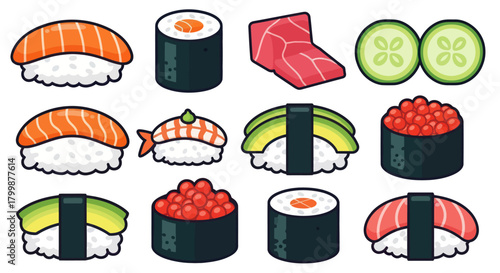 Assortment of Sushi and Maki Rolls - A Colorful Culinary Collection.