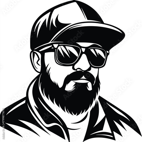 Monochrome bearded man wearing sunglasses and cap looks stylish in a detailed illustration