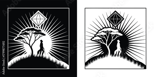 Stylized illustration of a surreal african savanna landscape at sunrise with a lone acacia tree, a silhouetted figure, and a geometric diamond shape above