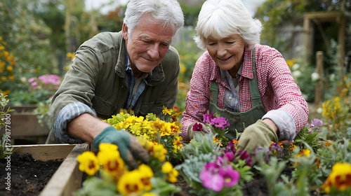 happy aging couple cultivating flowers in raised backyard garden representing leisure activity and wellbeing