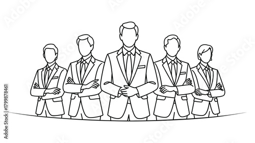 black and white business team icon with five confident professionals in suits, symbolizing leadership, unity, and corporate strength
