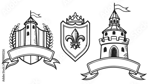 Medieval Castle and Fleur-de-Lis Emblems Vector Illustration Silhouette, A set of monochrome emblems featuring medieval castles and a shield with a crowned fleur-de-lis symbol