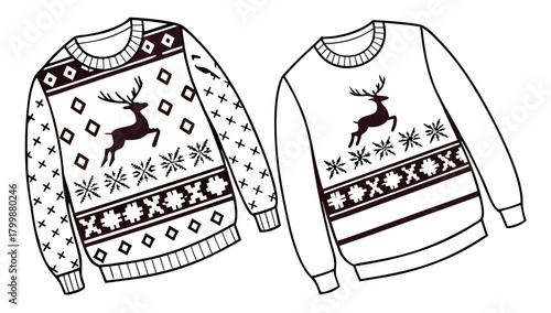Ugly Christmas Sweater Design Set Vector,  A set of two monochrome illustrations of "ugly Christmas sweaters" featuring reindeer and snowflake patterns