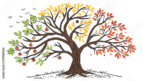 Four Seasons Tree of Life Illustration Vector Illustration, A vibrant illustration of a tree symbolizing the four seasons, with different colored leaves and fruit representing each stage