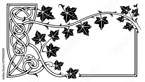Celtic Knot Ivy Border Frame Vector Silhouette, A monochrome decorative border frame with intricate Celtic knotwork on the corner and intertwining ivy vines