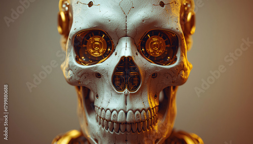 Intricate robotic skull with golden gears perfect for sci-fi or futuristic concepts