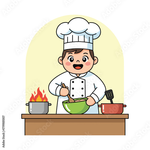 Cartoon chef stirring ingredients in a bowl, cooking on stove