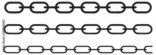 Metal chain link set in various sizes and styles, vector illustration, heavy-duty chains, isolated on white background, industrial use