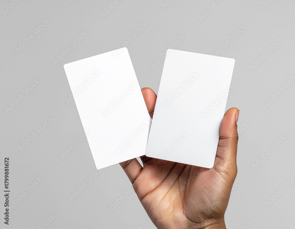 Fototapeta premium Two Blank White Tickets Held Between Fingers Against Clean Solid Background – Minimal Mockup Composition