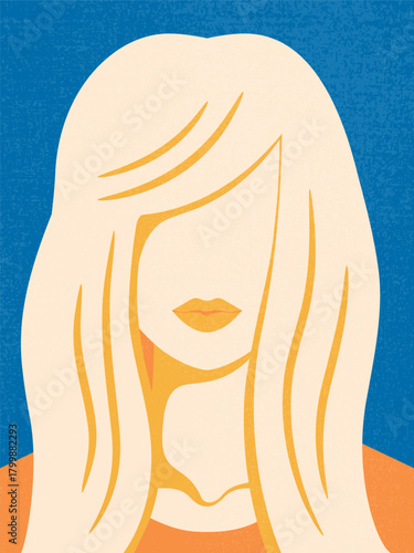 Abstract portrait of a woman with blond hair. Faceless blonde female poster with grunge texture. Vector illustration