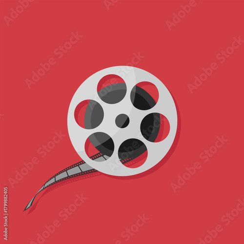 Unwind film reel icon on red background. Filmmaking equipment icon. Cinema symbol. Vector illustration