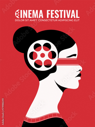 Retro film festival poster design featuring a woman covering her eyes with film strip. Film festival flyer. Vector illustration