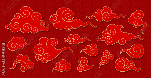 Set of red and golden Asian swirl clouds. Hand drawn celestial doodle clouds on wave pattern background. Vector illustration