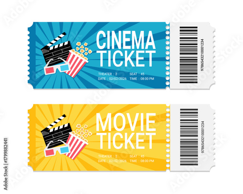 Modern movie and cinema ticket design decorated with clapperboard, popcorn bucket and 3d glasses. Cinema ticket design with barcode