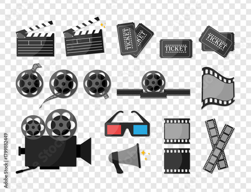 Video camera, various film reels and filmstrips, clapperboards, loudspeaker, 3d glasses and movie tickets. Vector collection of Cinema movie icons.