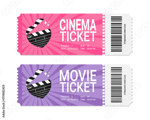 Modern movie and cinema ticket design with heart shaped clapperboard, film slate. Cinema ticket design with barcode. Vector illustration