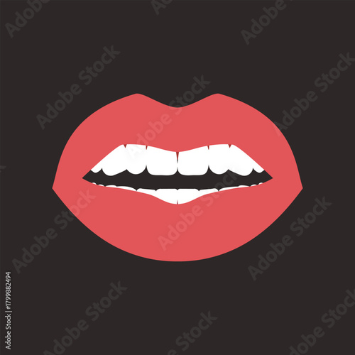 Slightly open female mouth with red lipstick. Woman red lips and teeth. Vector illustration