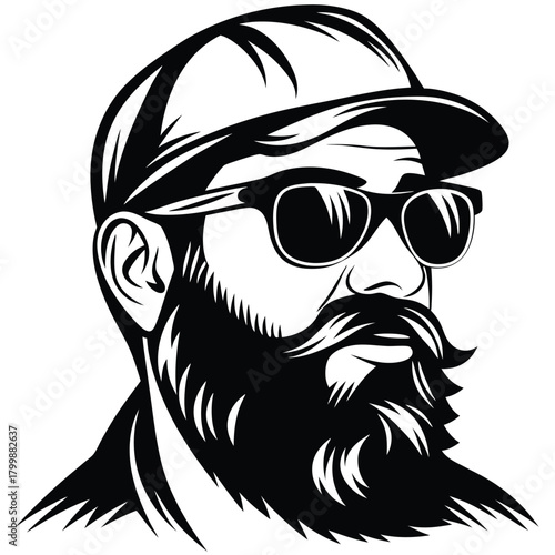 Stylish man with beard wearing cap and sunglasses looks off in black and white