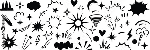 Hand drawn Sketch underline, bomb element , emphasis, line shape set.  swirl swoosh, love, bubble, underline element.  brush marker underline, highlight, star element set, Vector illustration.