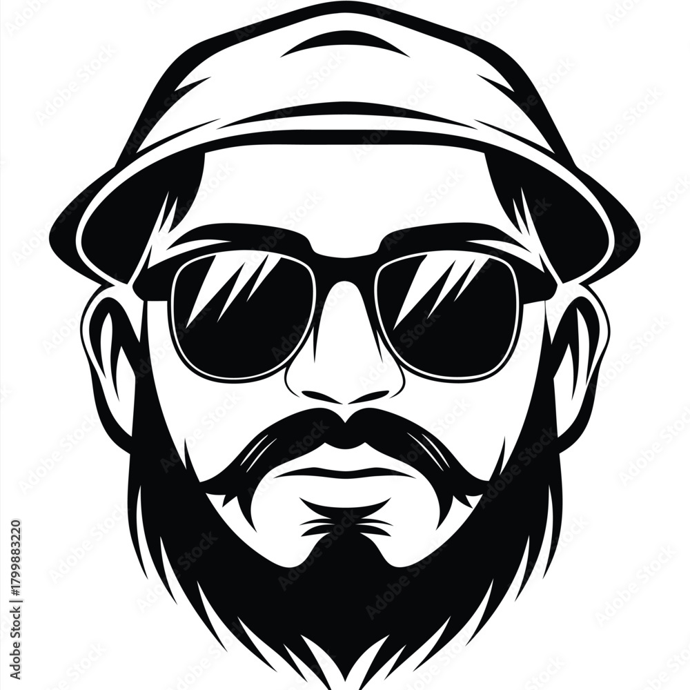 Obraz premium shows a bearded man wearing a hat and sunglasses in solid black