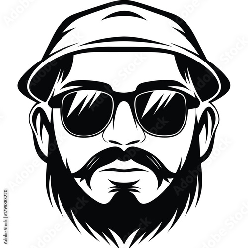 shows a bearded man wearing a hat and sunglasses in solid black