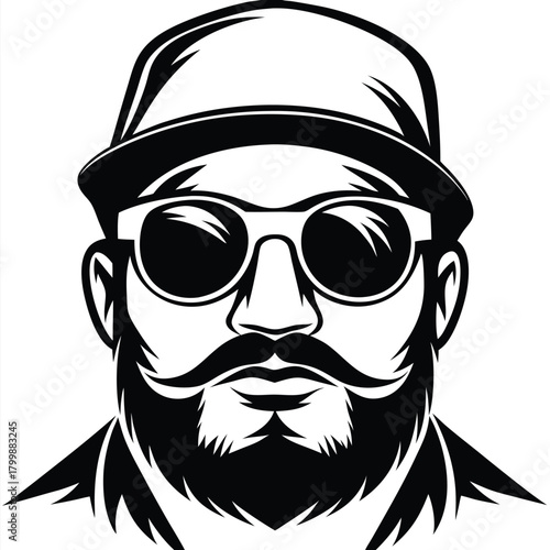 Monochrome stylized bearded man wearing sunglasses and cap looks forward, making an interesting graphic