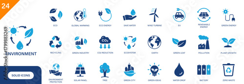 Environment icon. Including renewable energy, ecosystem, EV, green energy, ecology. Solid vector icon set.