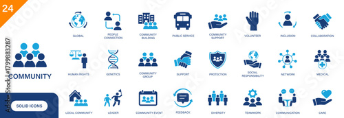 Community icon. Including people, groups, public service, volunteer, connecting people. Solid vector icon set.