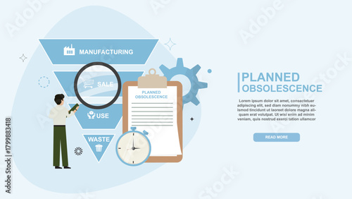 Planned Obsolescence Educational Banner. Product Lifecycle Concept. Extend the lifespan concept. Flat. Professional analysing the life cycle of a product without repairability. Vector illustration