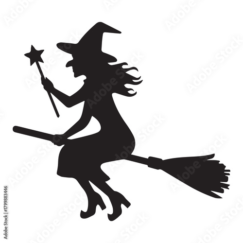 Silhouette witch flying broomstick holding star wand vector